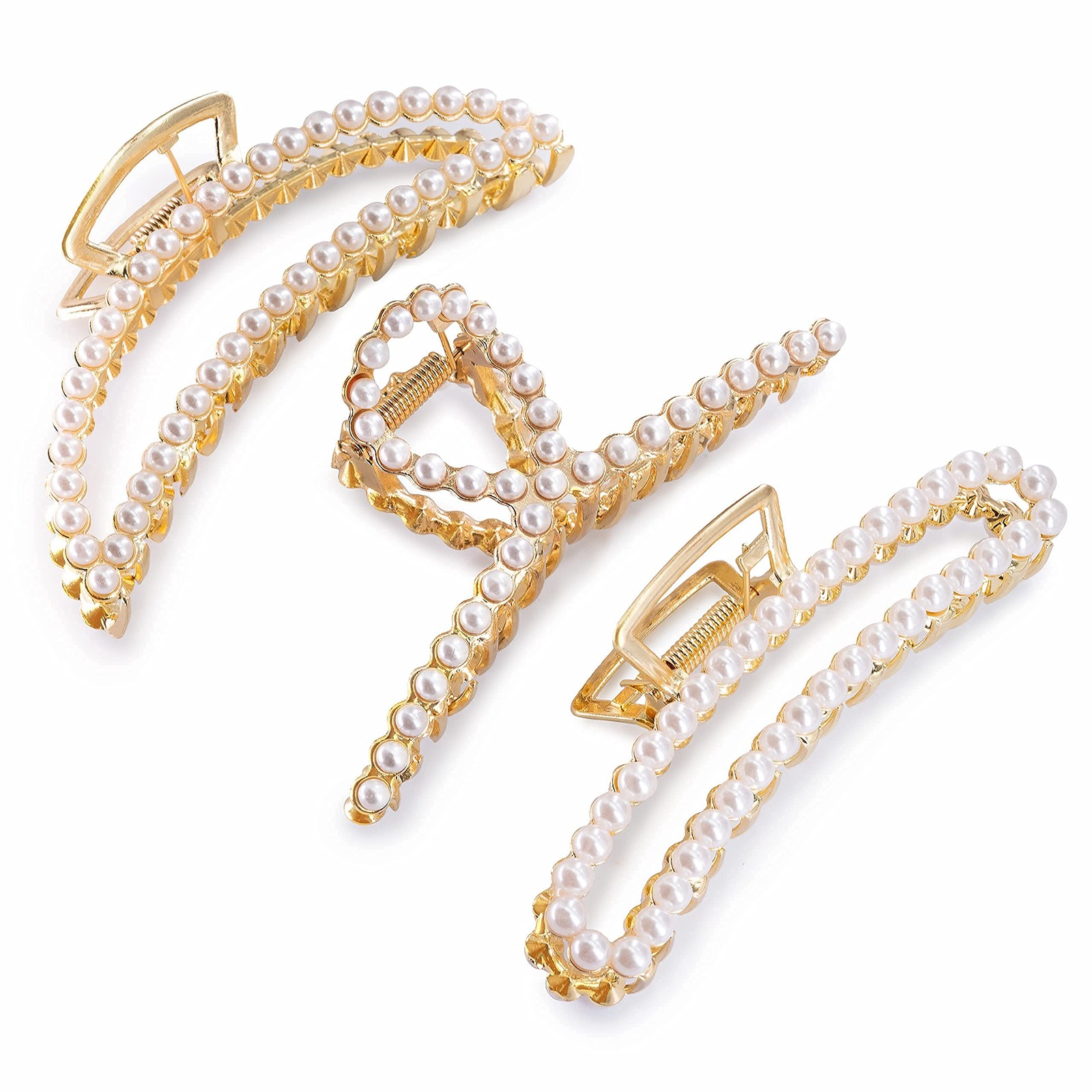 3 PCS Large Pearl Hair Claw Clips 4.5 Inch Zinc Alloy Banana Strong Hold Jaw