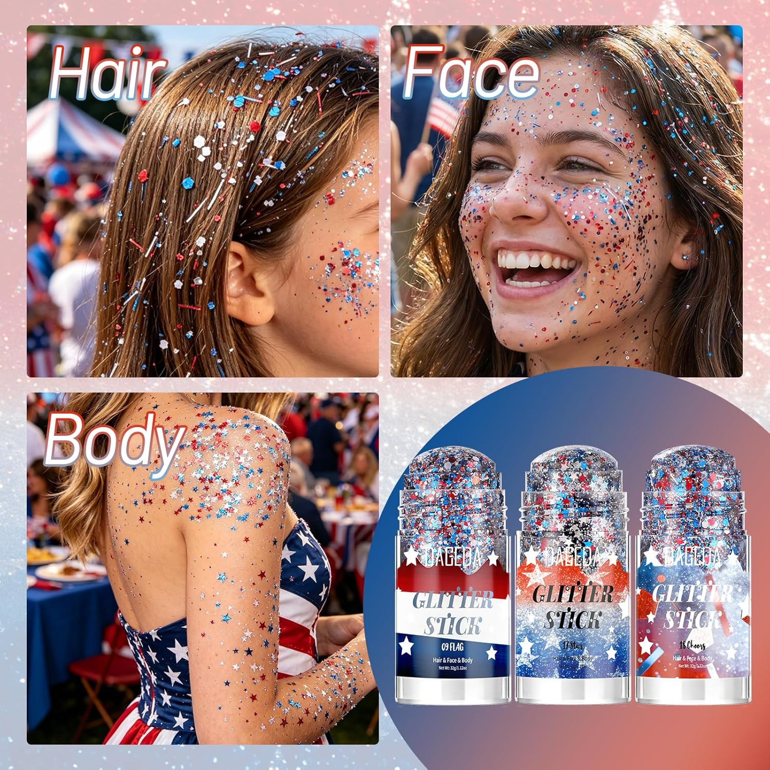 Red White Blue Body Glitter Stick,4Th of July Accessories Hair Face Glitter Make