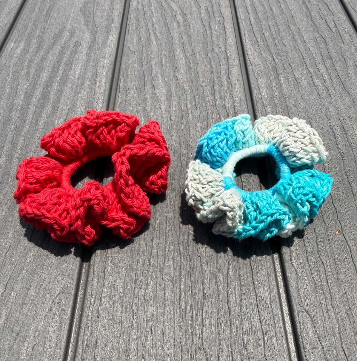 Handmade Crochet 100% Cotton Hair Scrunchies Red & Blue Set of 2 Stretchy NEW