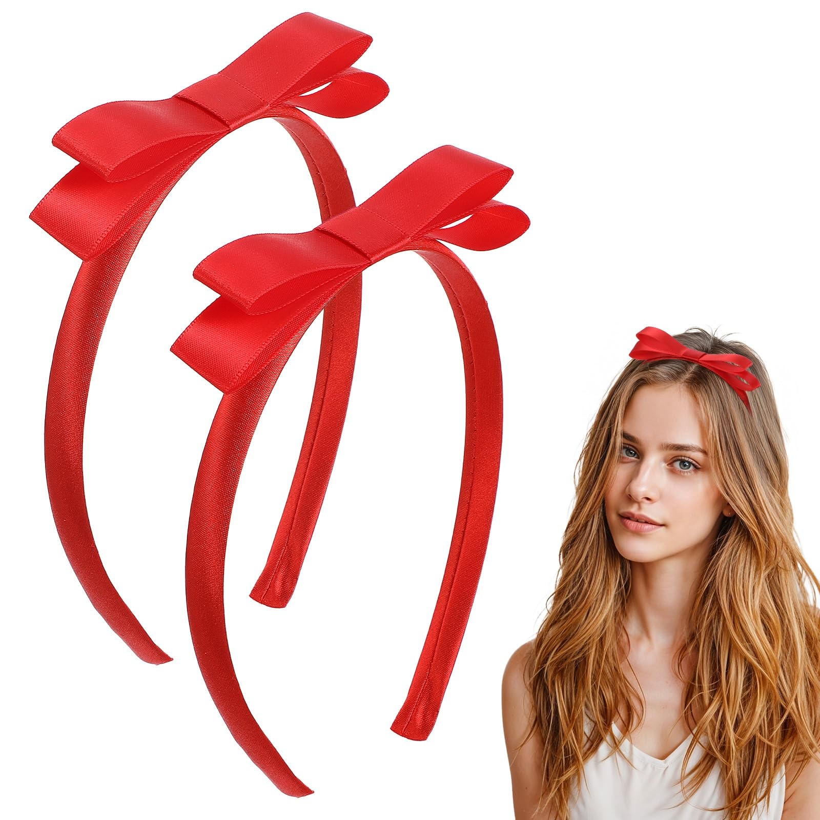 2 Pcs Red Bow Headband for Women Cute Matilda Style Bowknot Headbands Bow Kno…