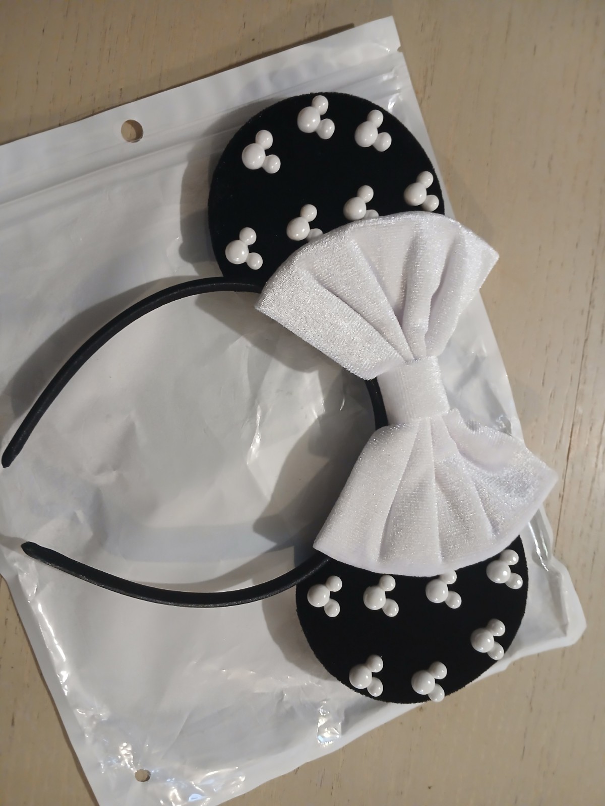 Minnie Mouse Black Round Ear Headband White Bow Padded Polka Dot