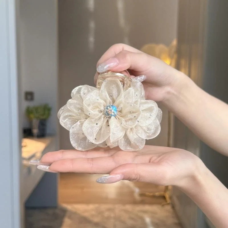 1/2/3Pcs Elegant Mesh Flower Rhinestone Hair Clip for Woman Korean Style Shark C
