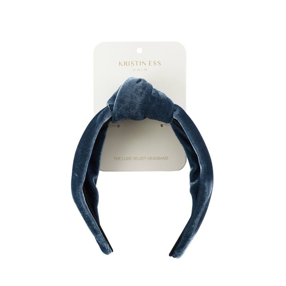 Kristin Ess Hair The Luxe Velvet Headband Plush Denim-Blue Color with Top Knot