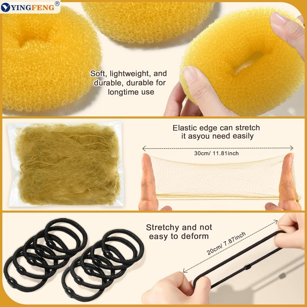 134 Pcs Gold Hair Bun Maker Kit Medium – 4 Bun Hair Pieces for Women, 20 Hair Ne