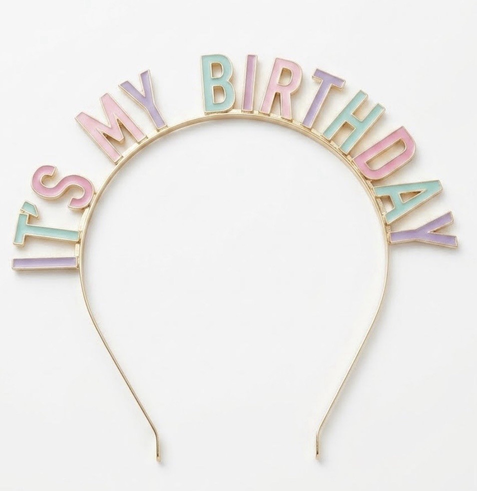 NWOT “It’s My Birthday” Metal Headband Gold Pastel Enamel Tiara Crown Party