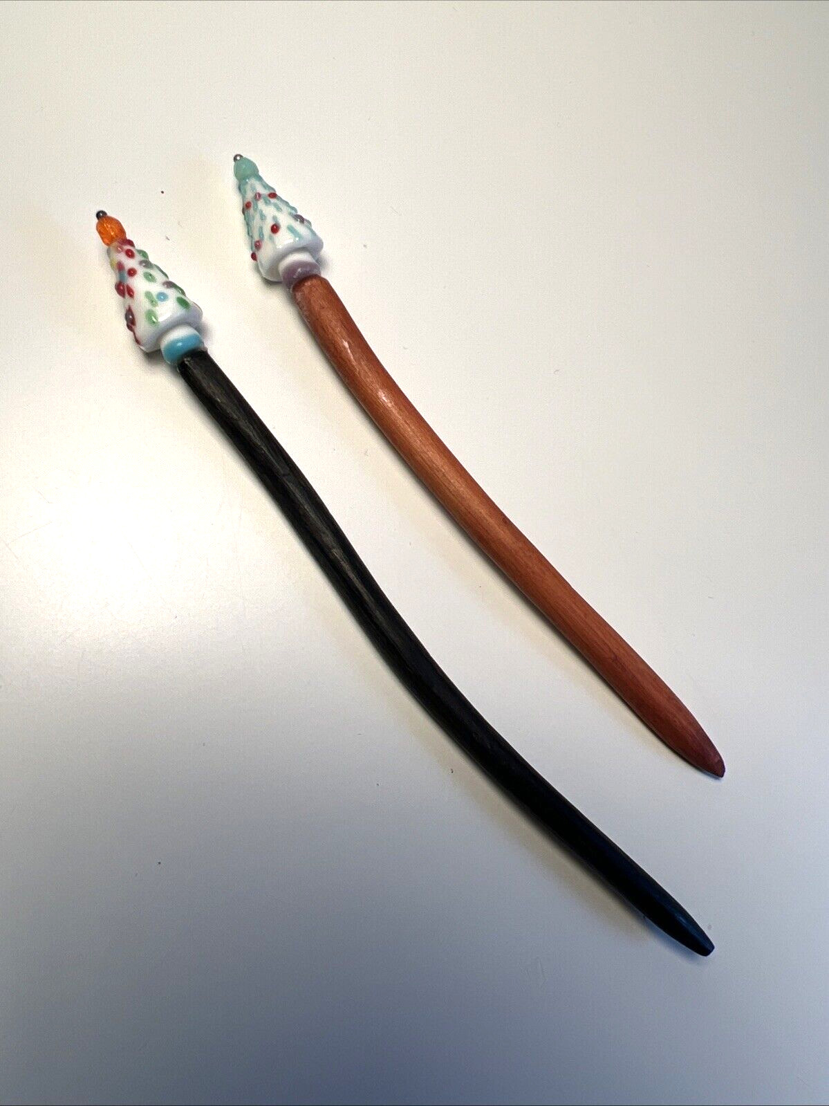 Vintage Wood Wooden Glass Hair Stick Pin Christmas Tree Black Brown 5″