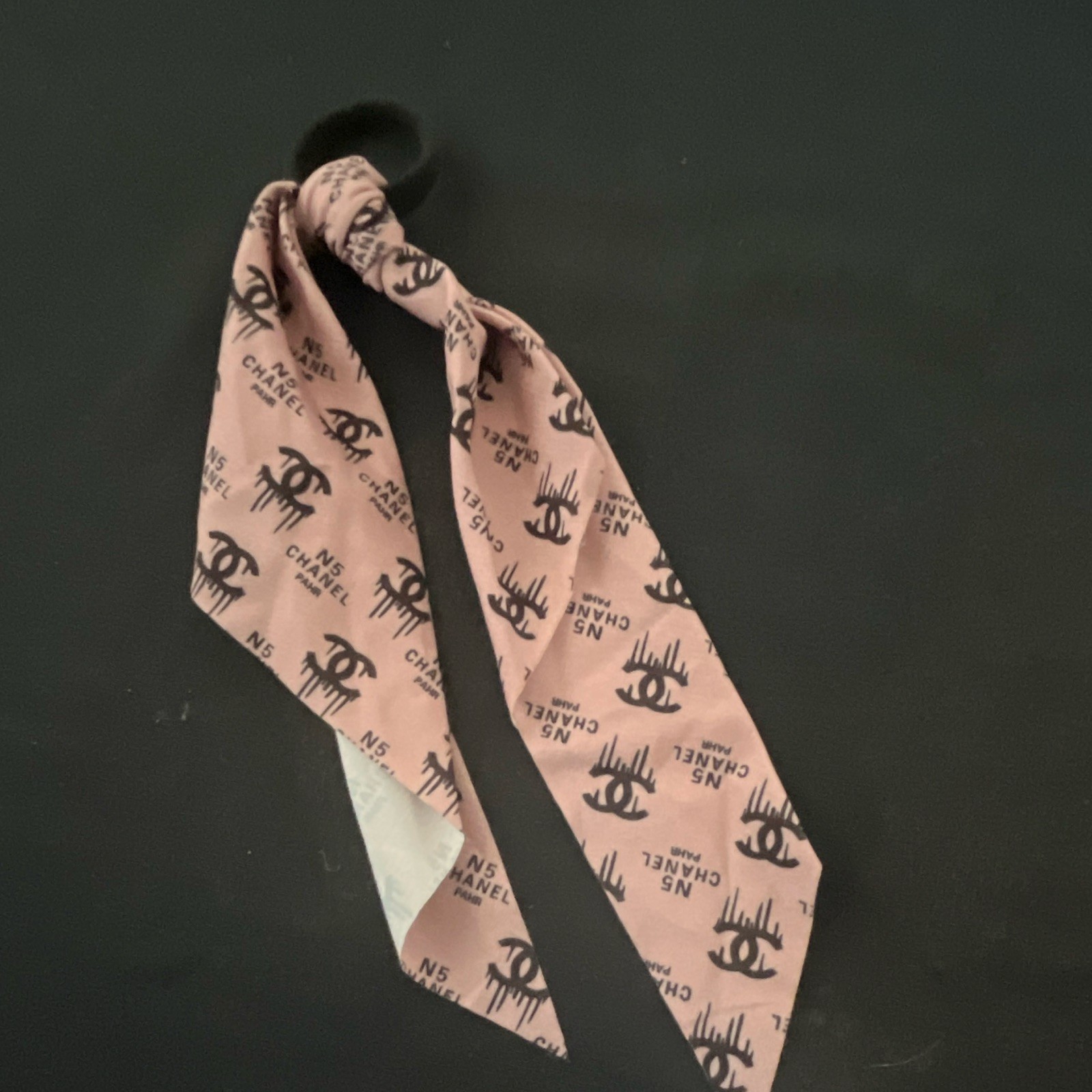 CHANEL Women’s Fabric Hair Ribbon, Pink/Black Logo Pattern Classic Casual