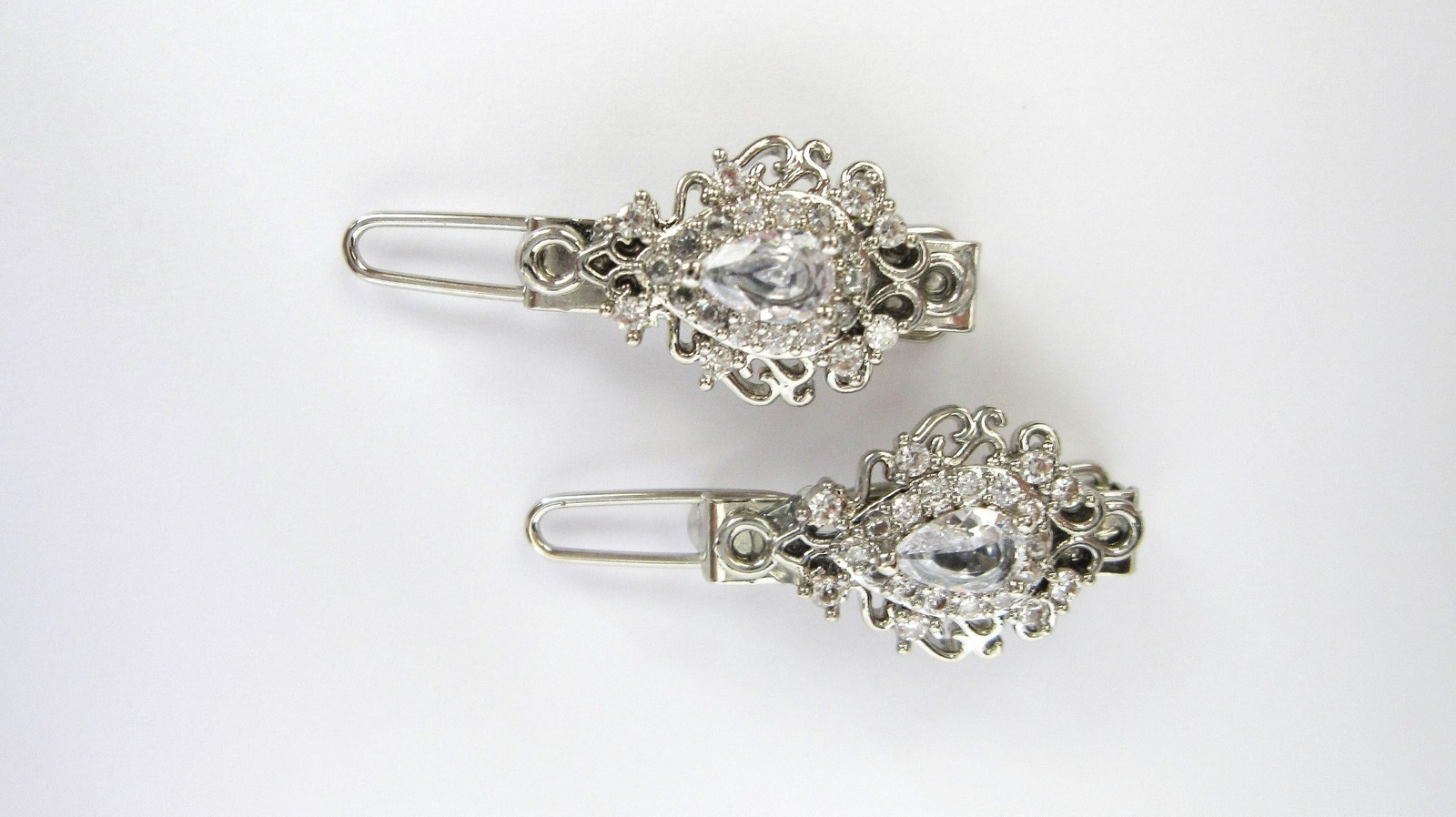 Two small tiny silver filigree crystal hair pin clip barrettes fine hair