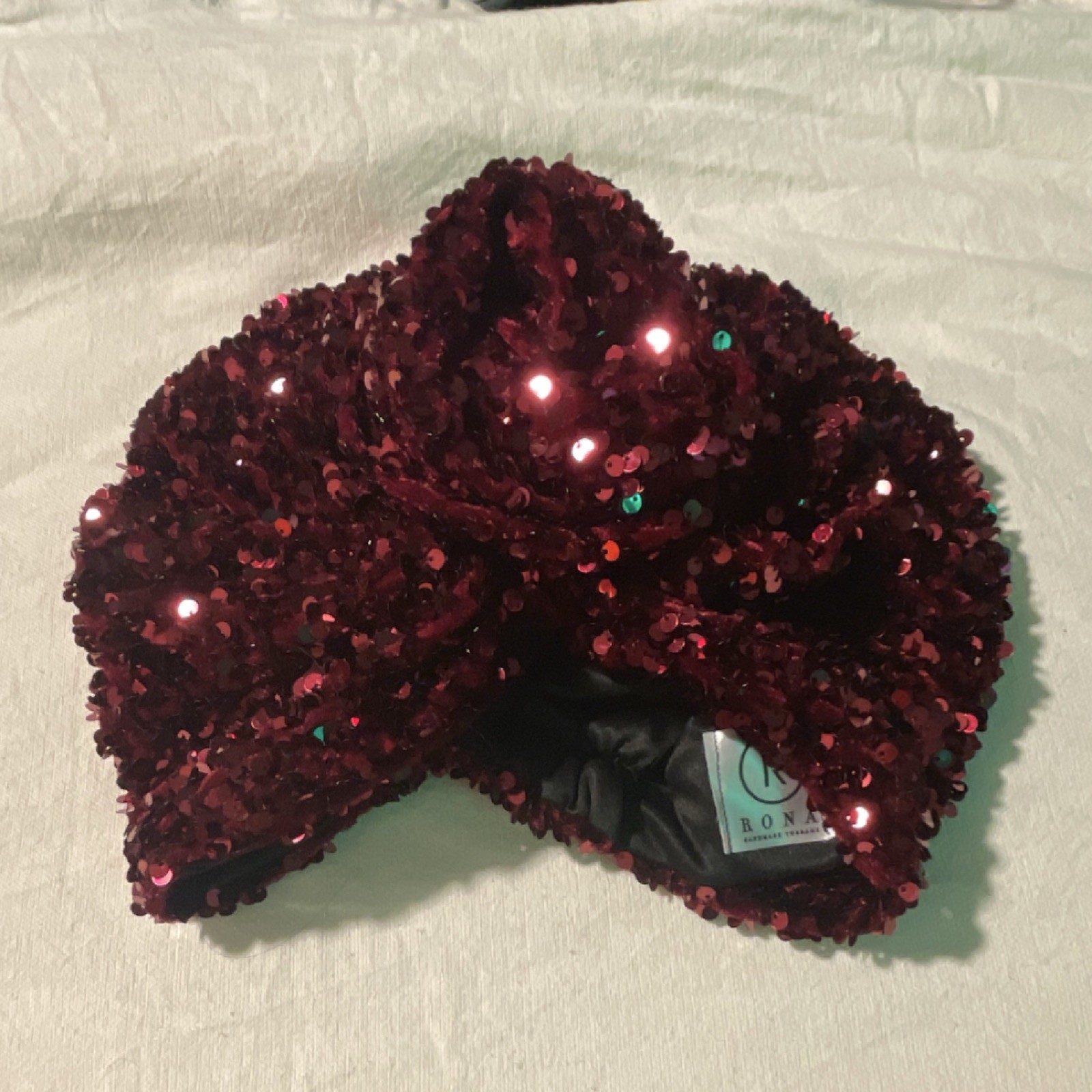 RONA Sequin Fabric Burgundy Headwrap Solid Pattern Sequin Accent Turban Headband