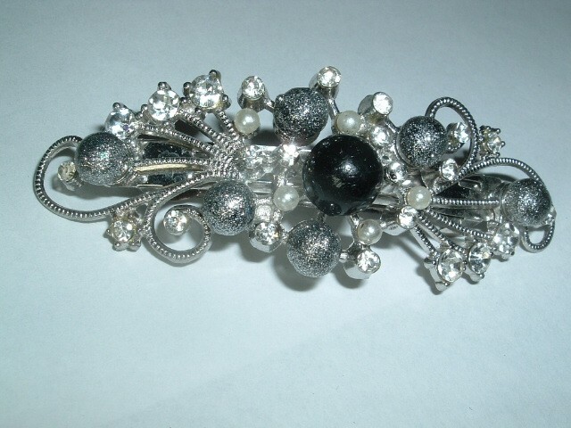 Black Pearl White Rhinestone Glitter Hair Barrette NWT