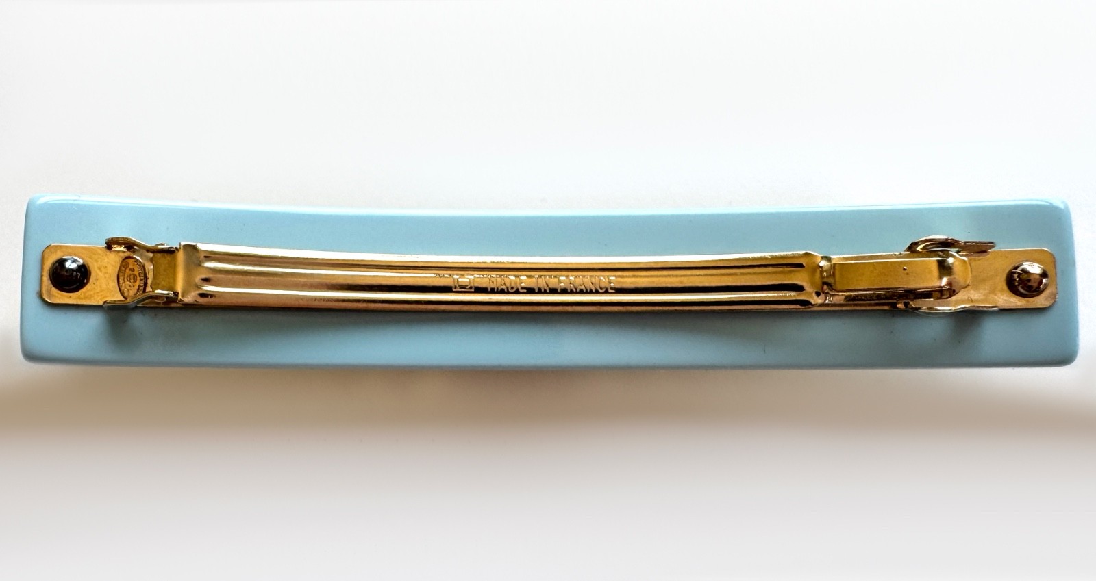 13C Versailles Chanel Hair Clip Barrette CC logo Gold Light Blue Pearl