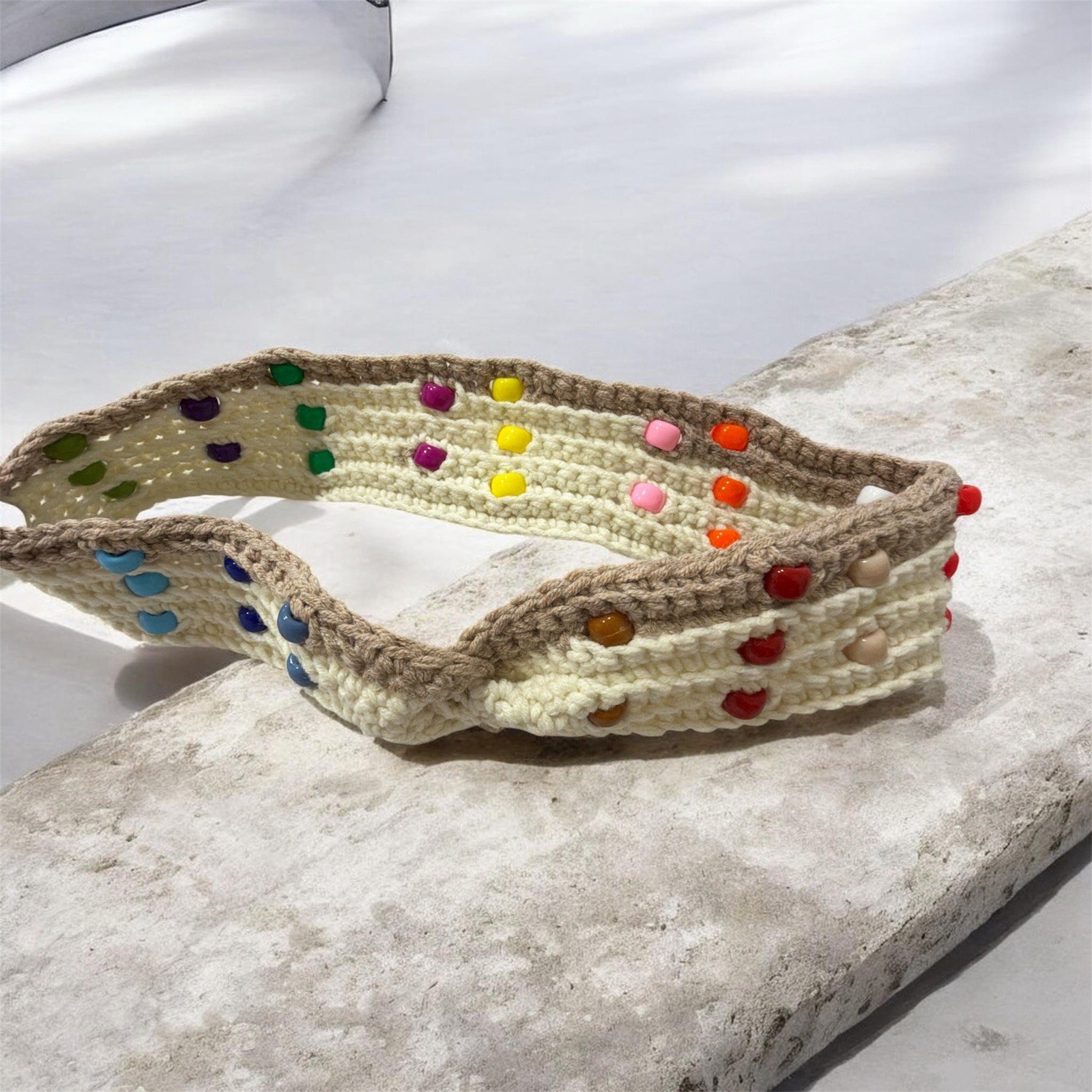 Women’s Knit Stretch Headband Beige Brown Colorblock Multicolor Beaded