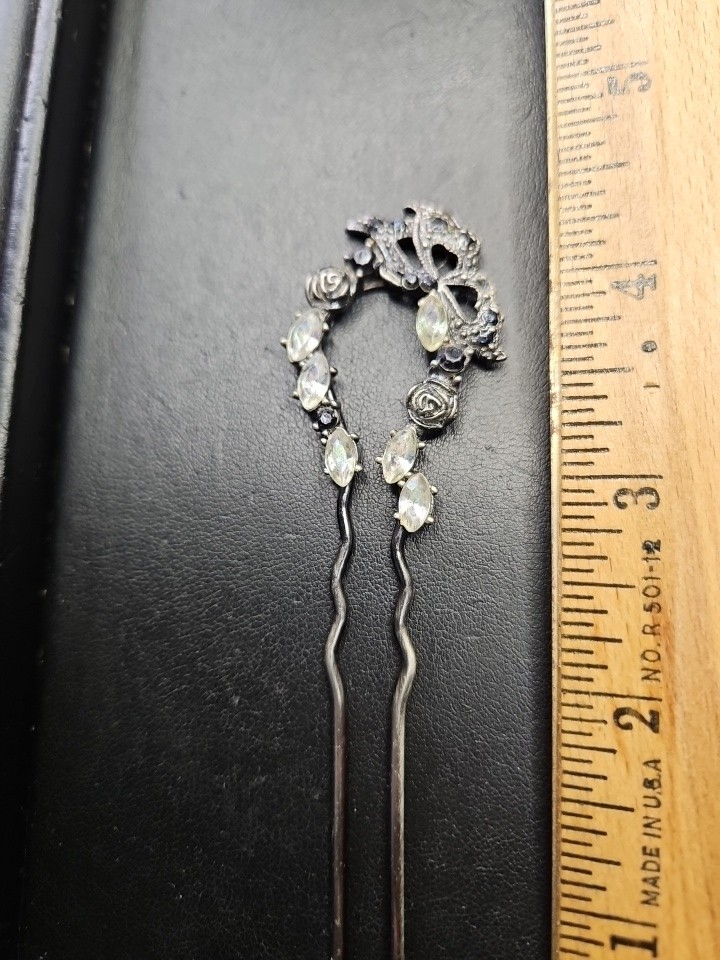 Vintage Jeweled Hair Pin Hairpiece Rhinestone Flower 4.5 In Long