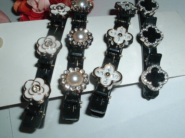 4 BLACK N WHITE PEARL AND RHINESTONE TWIST BRAIDED HAIR CLIPS NWT