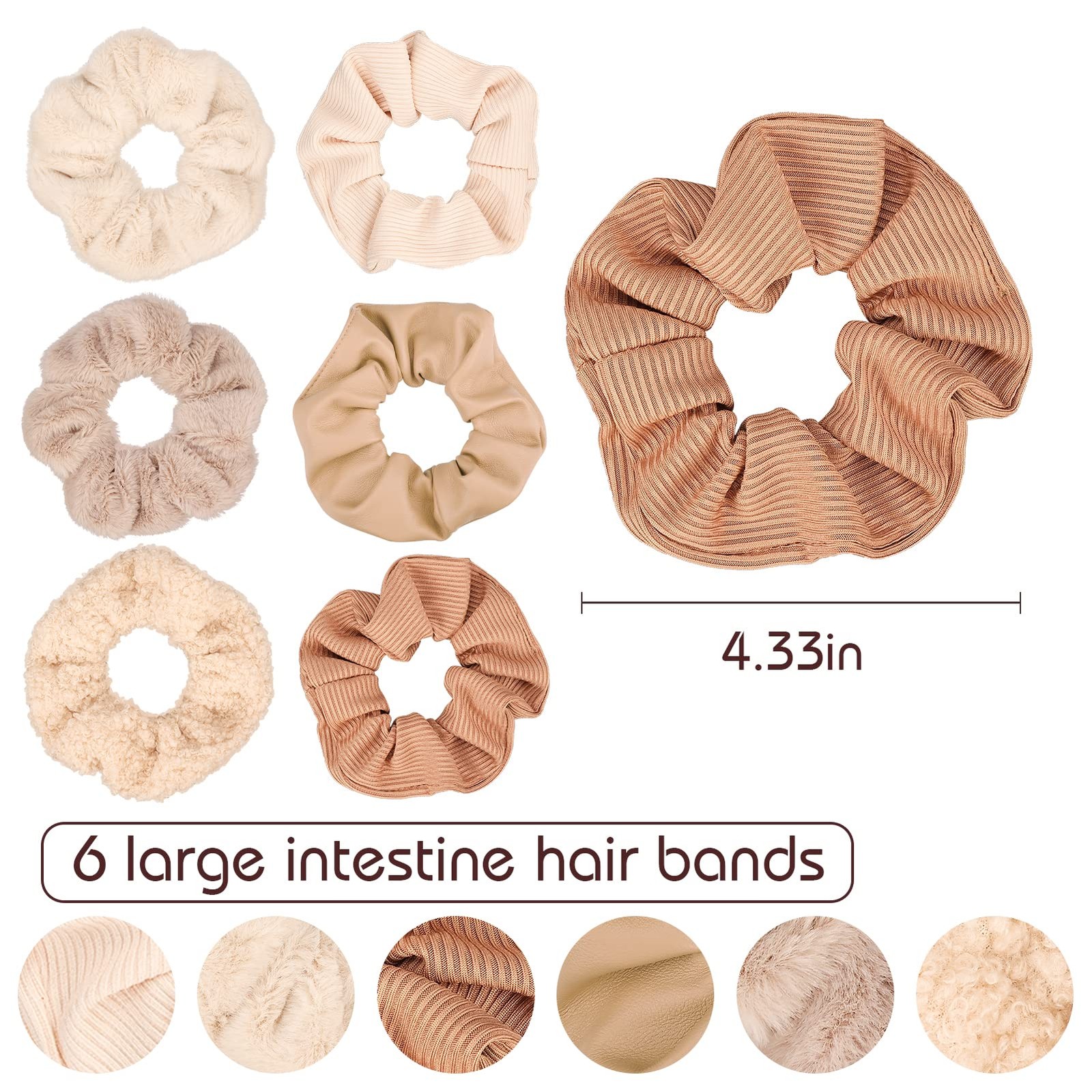 Matte Scrunchies Hair Velvet Thick Soft Fuzzy Bands Brown Ponytail 6 PCS