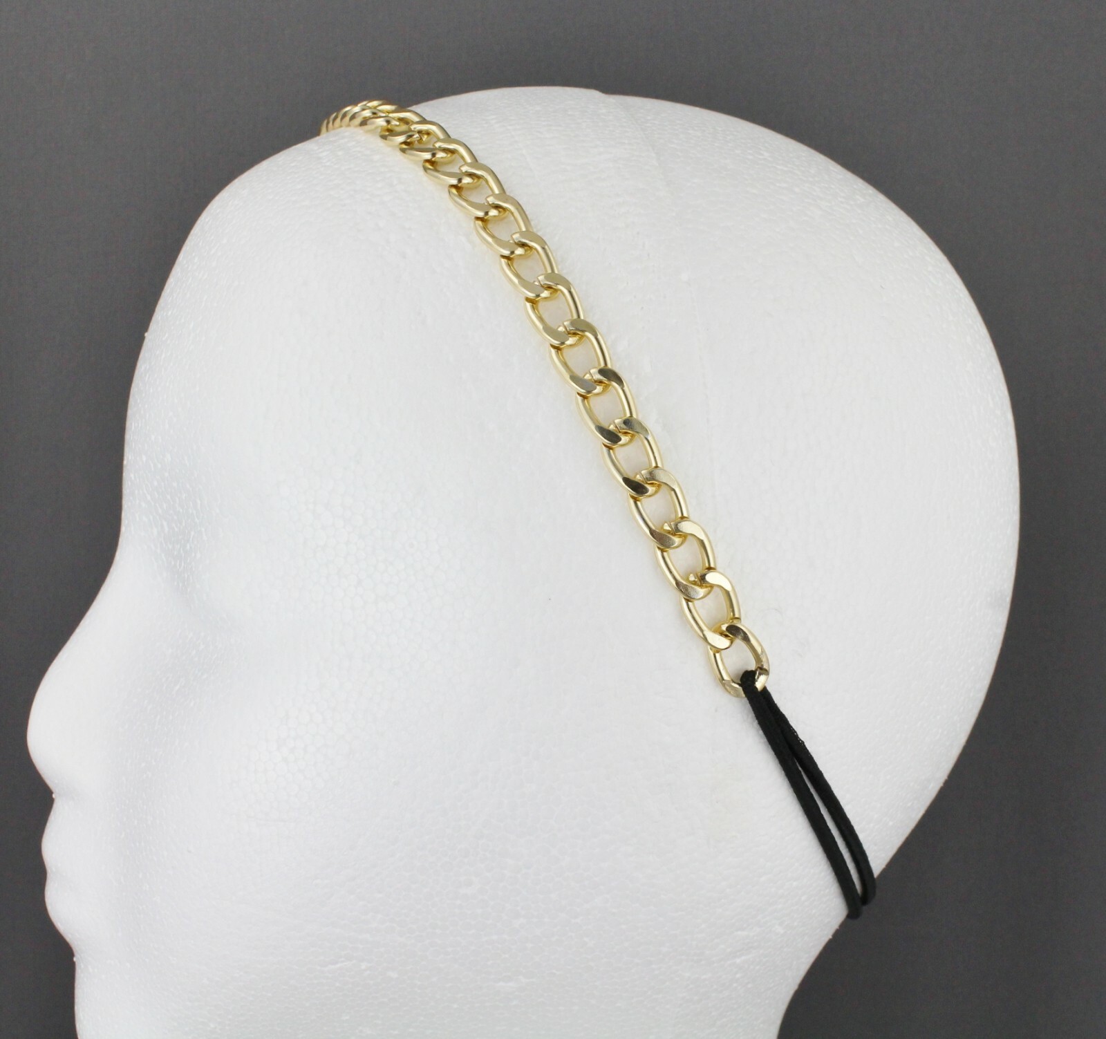 Gold tone chain link stretch elastic headband 5/16″ wide lightweight oval links