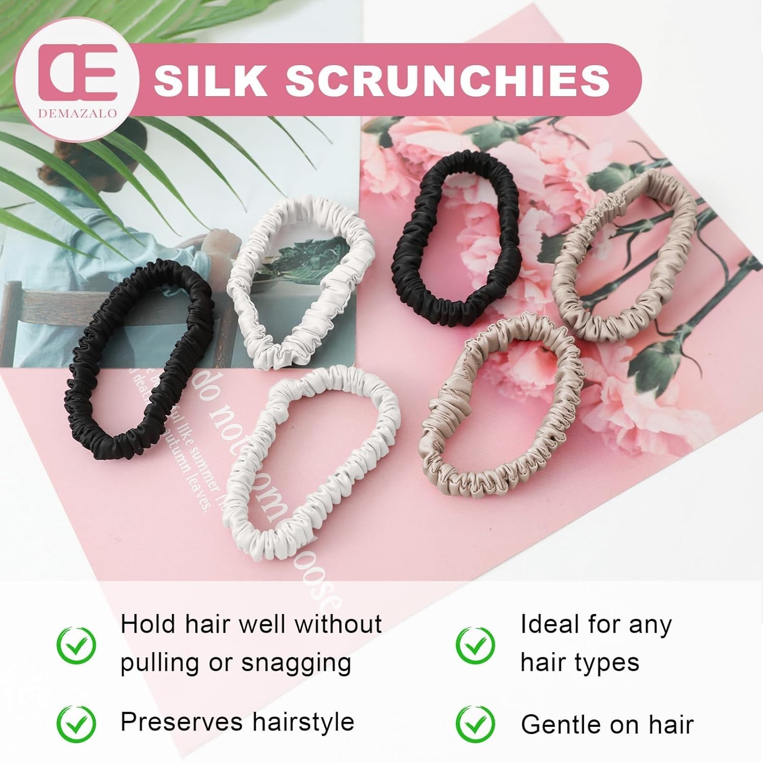 6Pcs Silk Hair Ties Small 22 Momme 100% Pure Mulberry Silk Scrunchies for Women