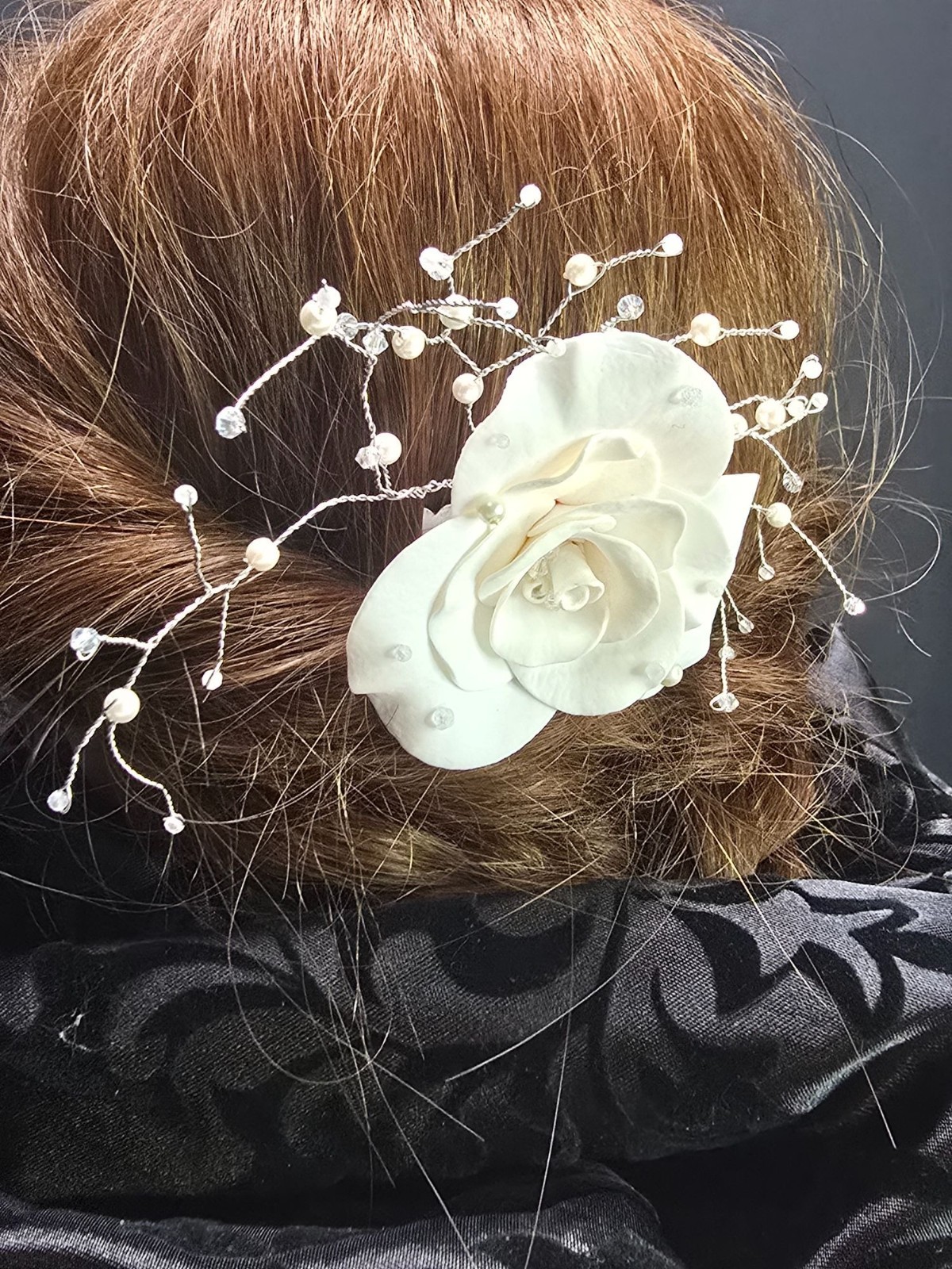 Elegant Handcrafted Glass Pearl Moonstone and Rose Quartz White Rose Hair comb