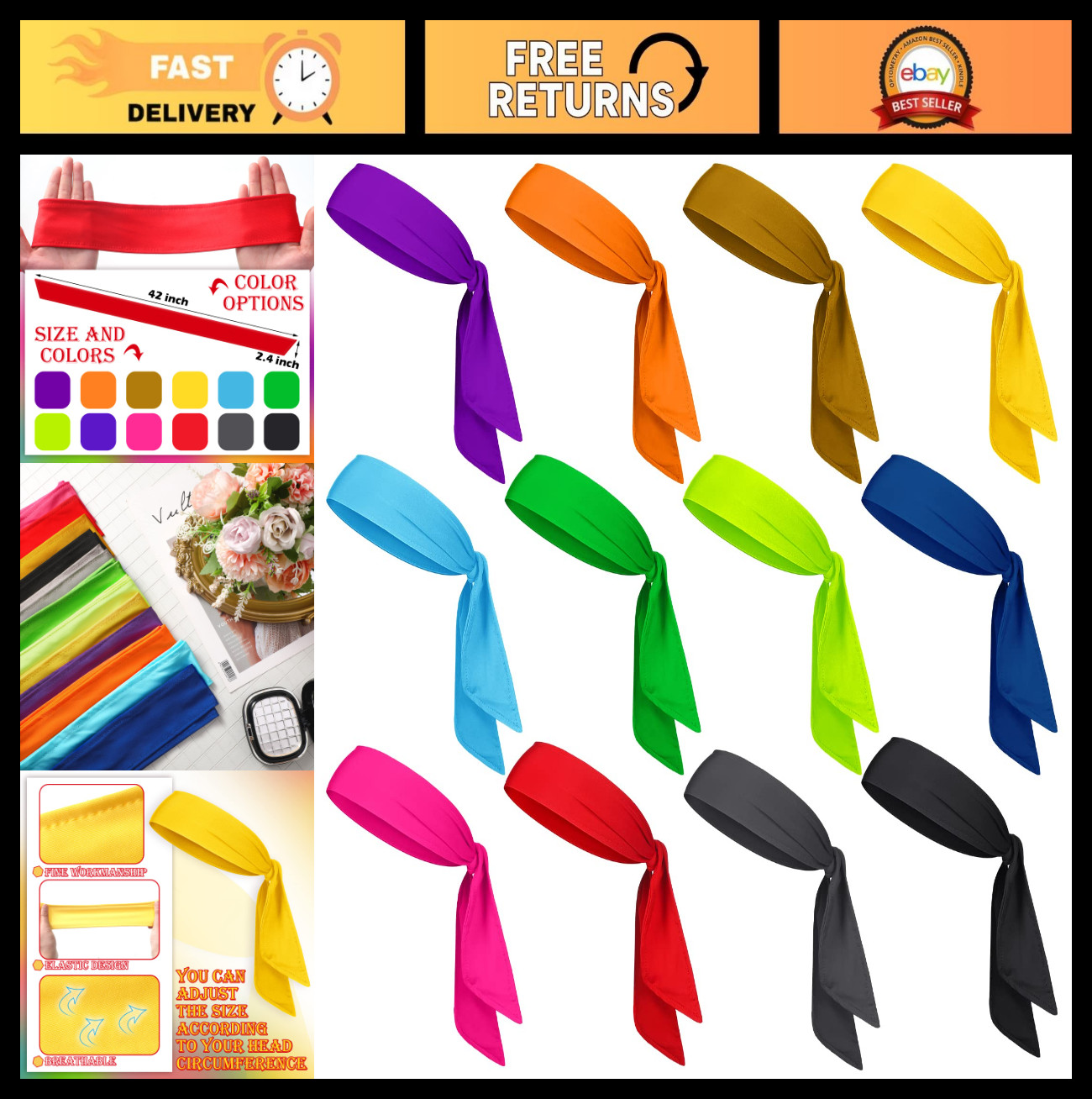 12 Pack Adjustable Tie Headbands for Men & Women – Sports, Athletic, Sweatbands,