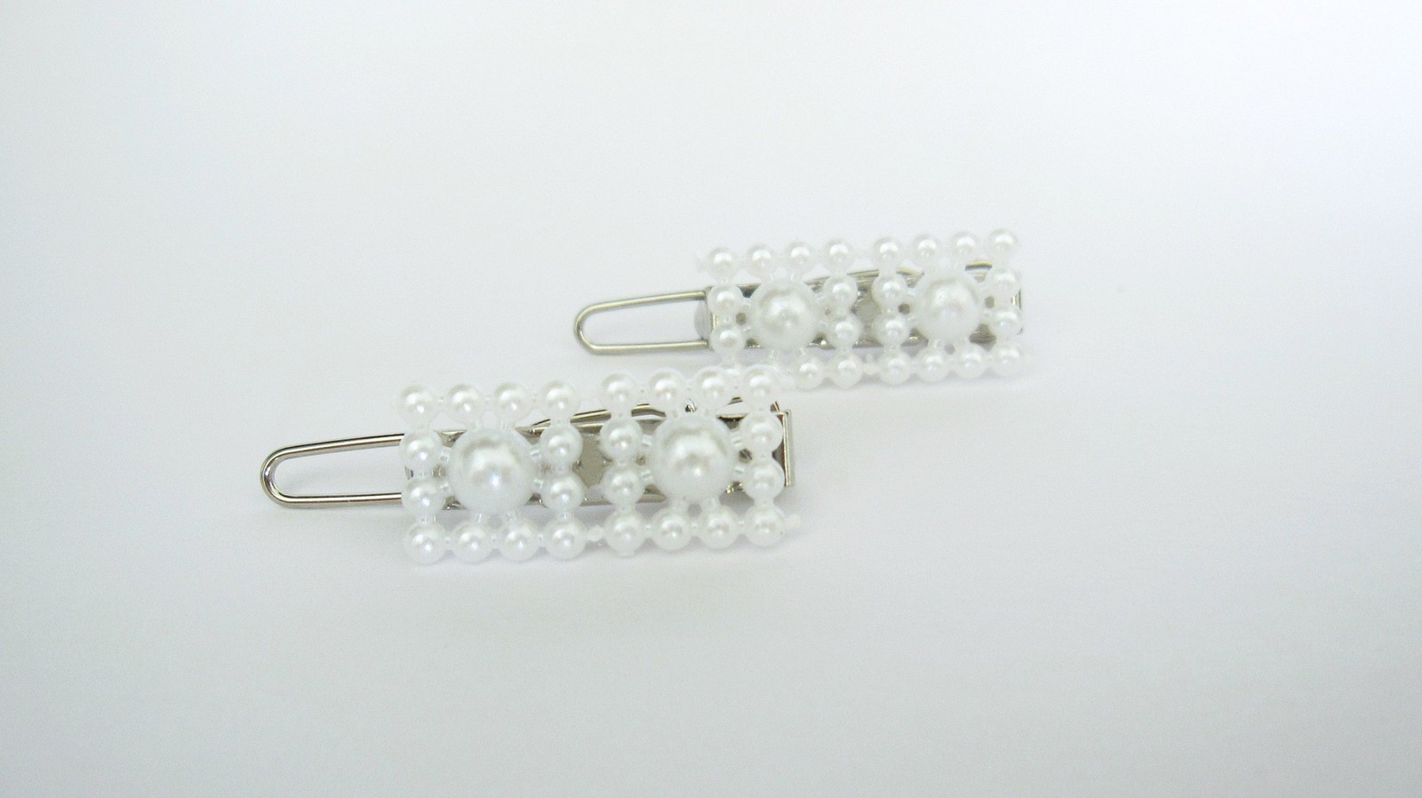 Two small tiny rectangle white pearl hair pin clip barrettes fine hair