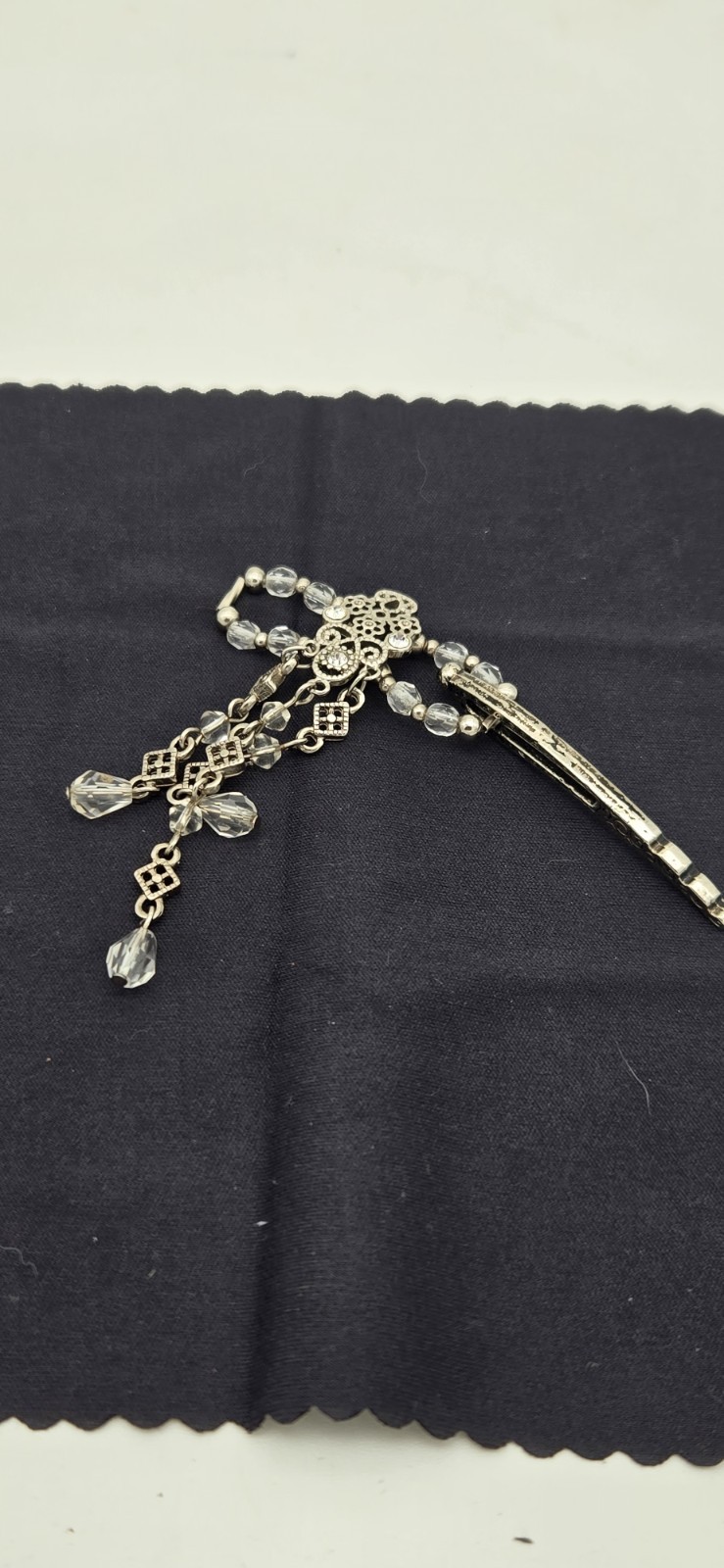 Vintage Pin or Hair Clip: Silver-toned metal with clear crystal or glass beads
