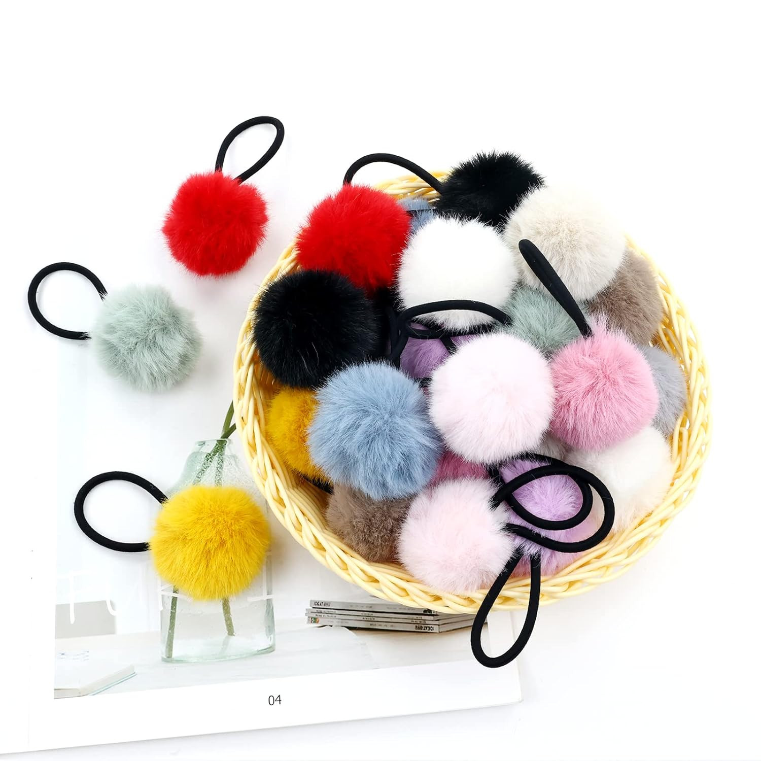 24 Pack Candy Colors Cute Fuzzy Pompom Hair Ties Scrunchies Pom Pom Elastics Pig