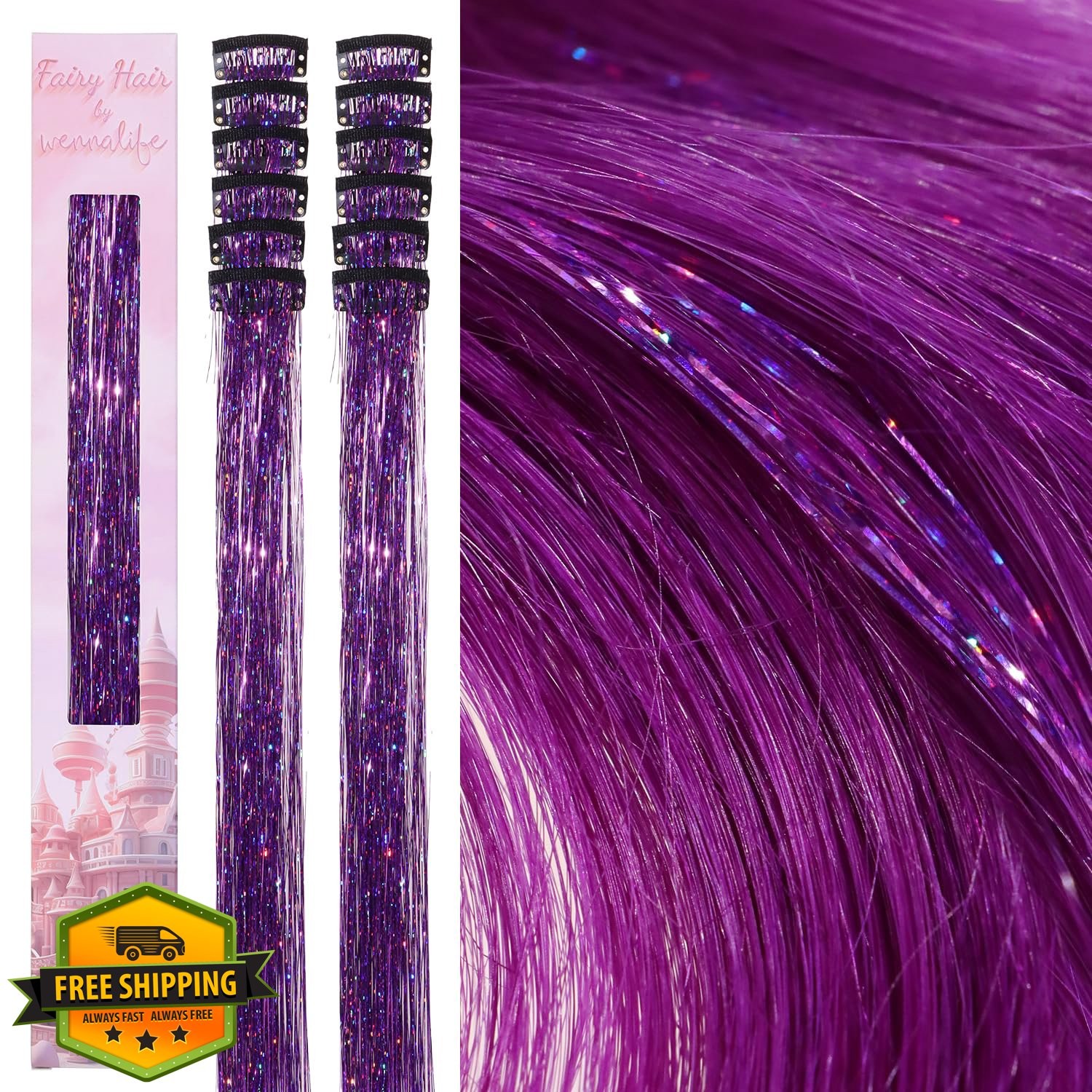 Wennalife Purple Hair Tinsel 24 Inch 12 Clips
