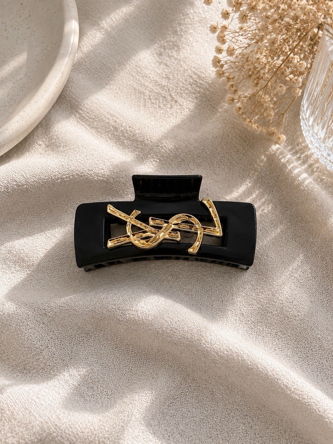 YSL Black Hair Claw Clip Gold Logo Glossy Hair Accessory New