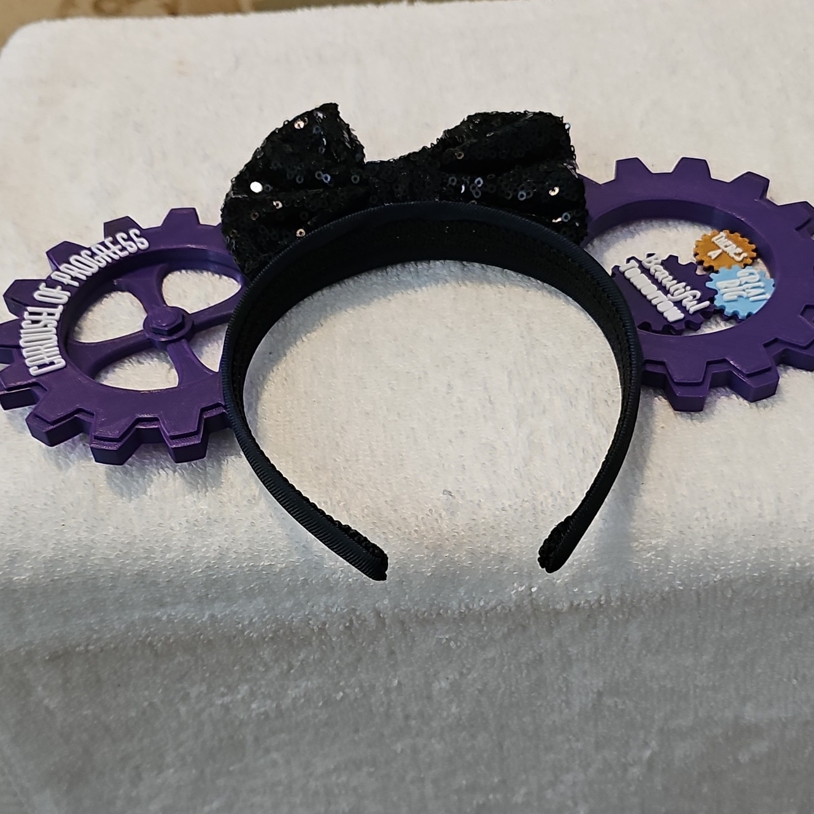 Steampunk Purple Gear Headband with Black Sequin Bow Lightweight Solid
