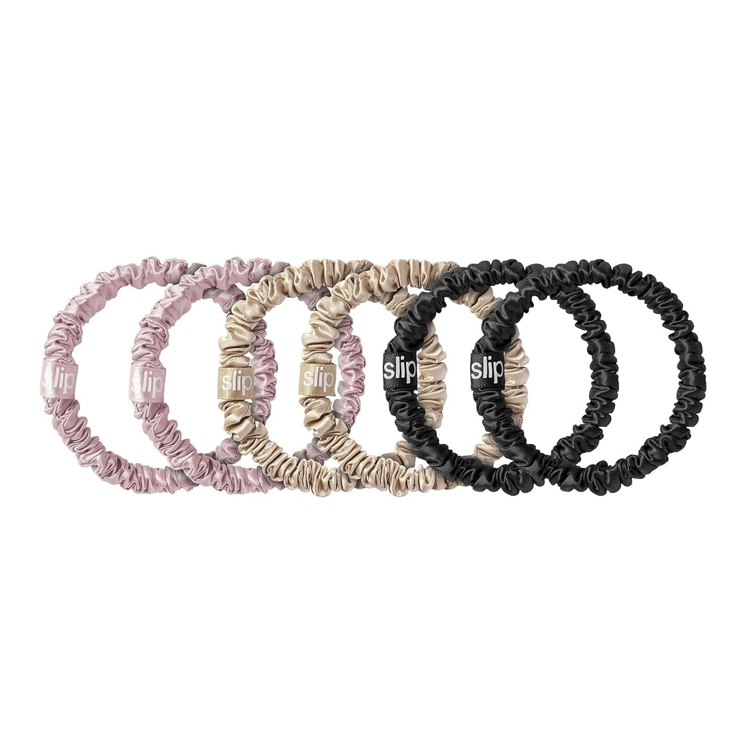 Slip Silk Skinnie Scrunchies in Black, Pink, & Caramel Elastic Scrunch Set of 6