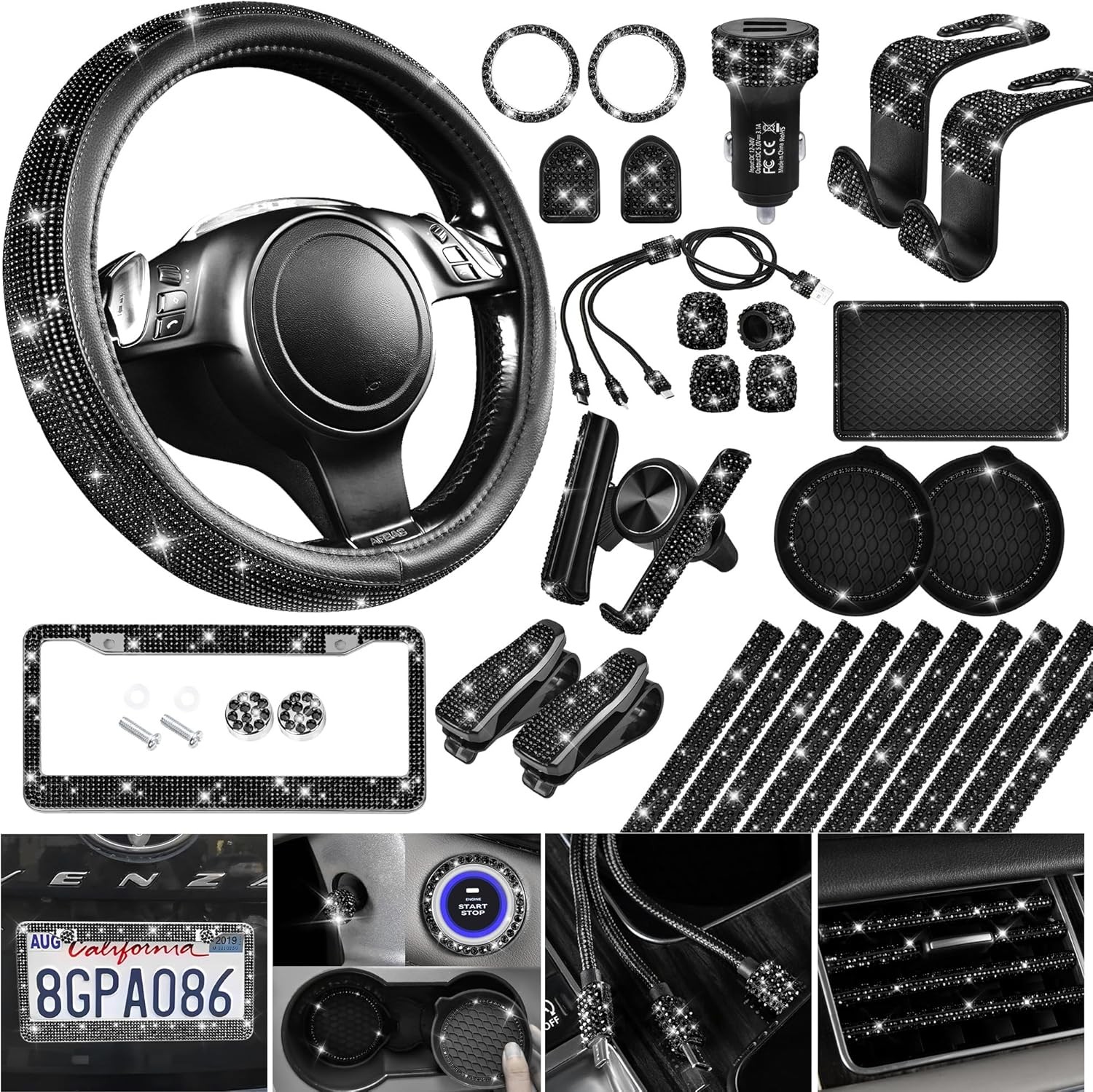 CAR PASS 30 PCS Bling Diamond Car Accessories Set for Women, Black
