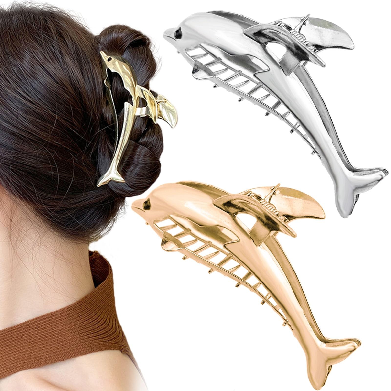 2 PCS Metal Dolphin Hair Claw Clips for Women, Strong Hold Non Slip Silver
