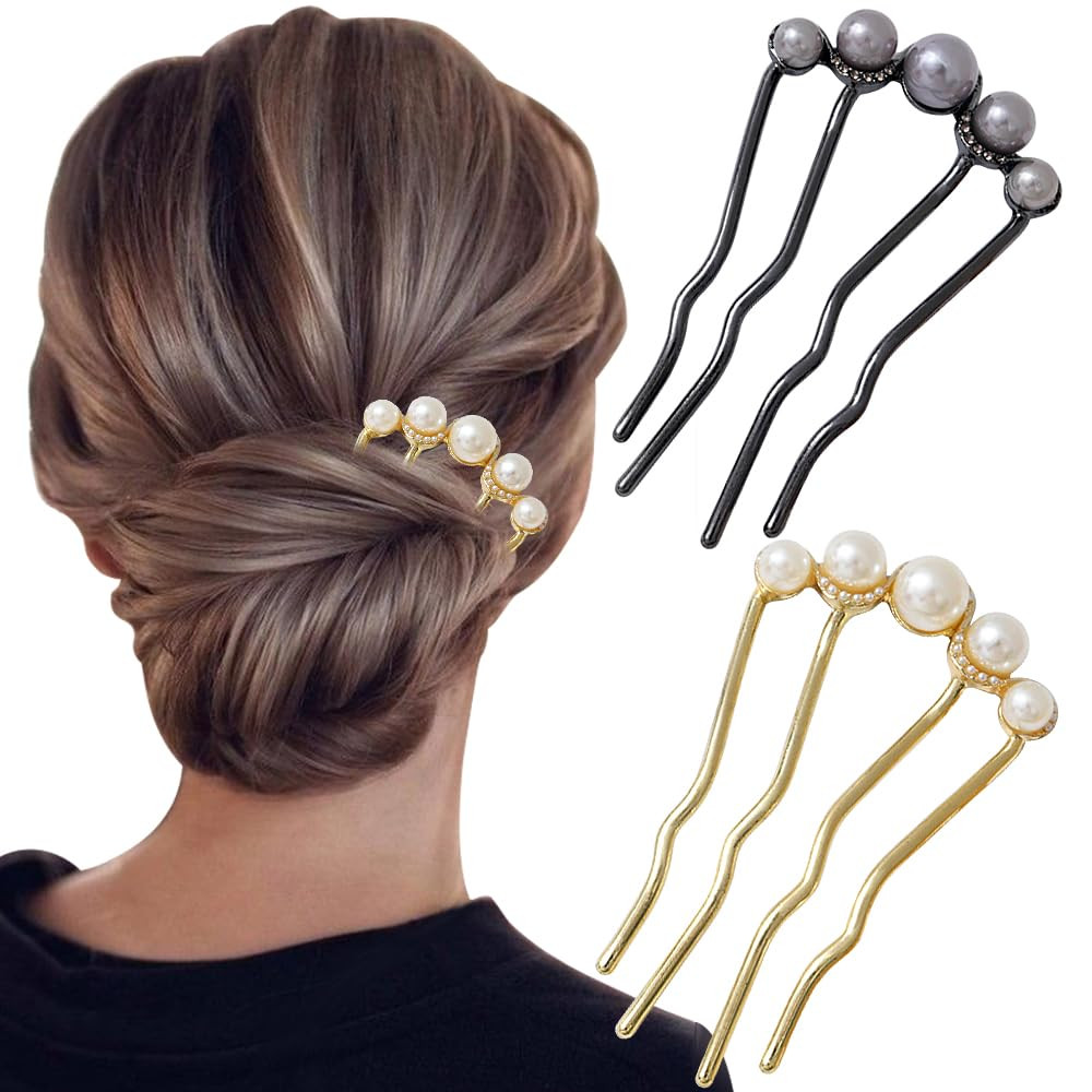 2Pcs Pearl U Shaped Hair Pins Bridal Hair Side Comb Fashion Elegant Metal Hair P