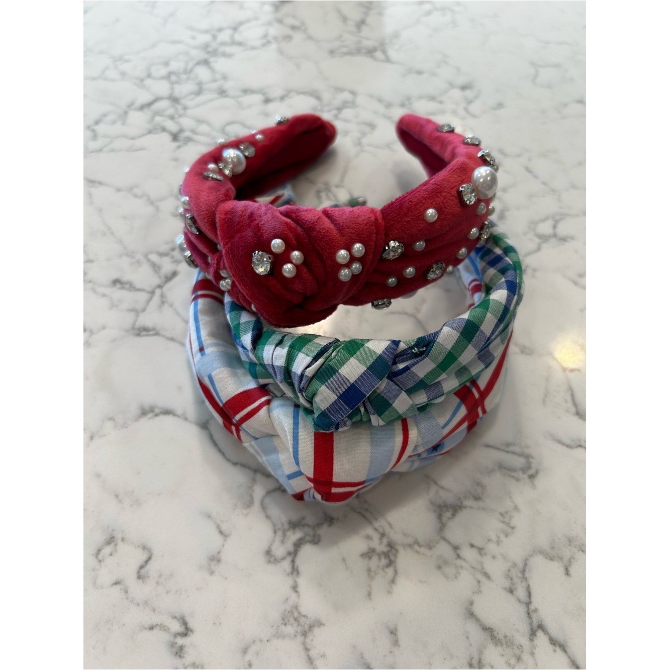 Lot of 3 Fabric Covered Knot Headbands Checkered Americana Faux Pearl