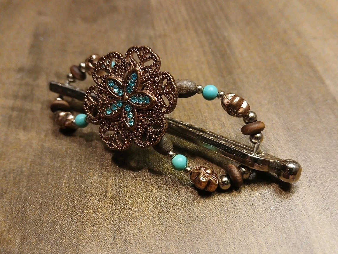 Lilla Rose Metal Flex Hair Clip- Turquoise & Copper Flower Beads Unique & Rare