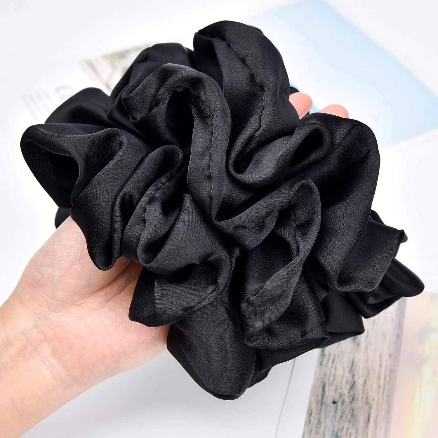 6 Pack Large Black Satin Scrunchies 6.3 Inch Oversized Hair Ties Women