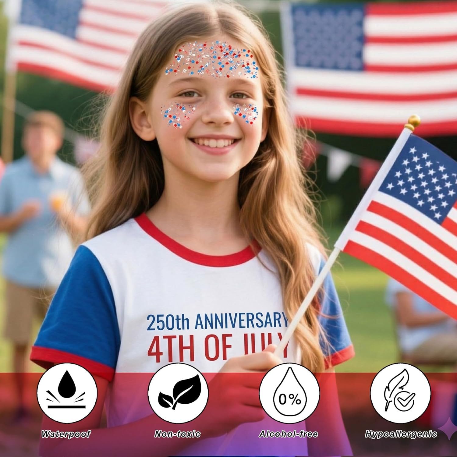 Red White Blue Hair Glitter Stick,4Th of July Patriotic America Flag Star Face B