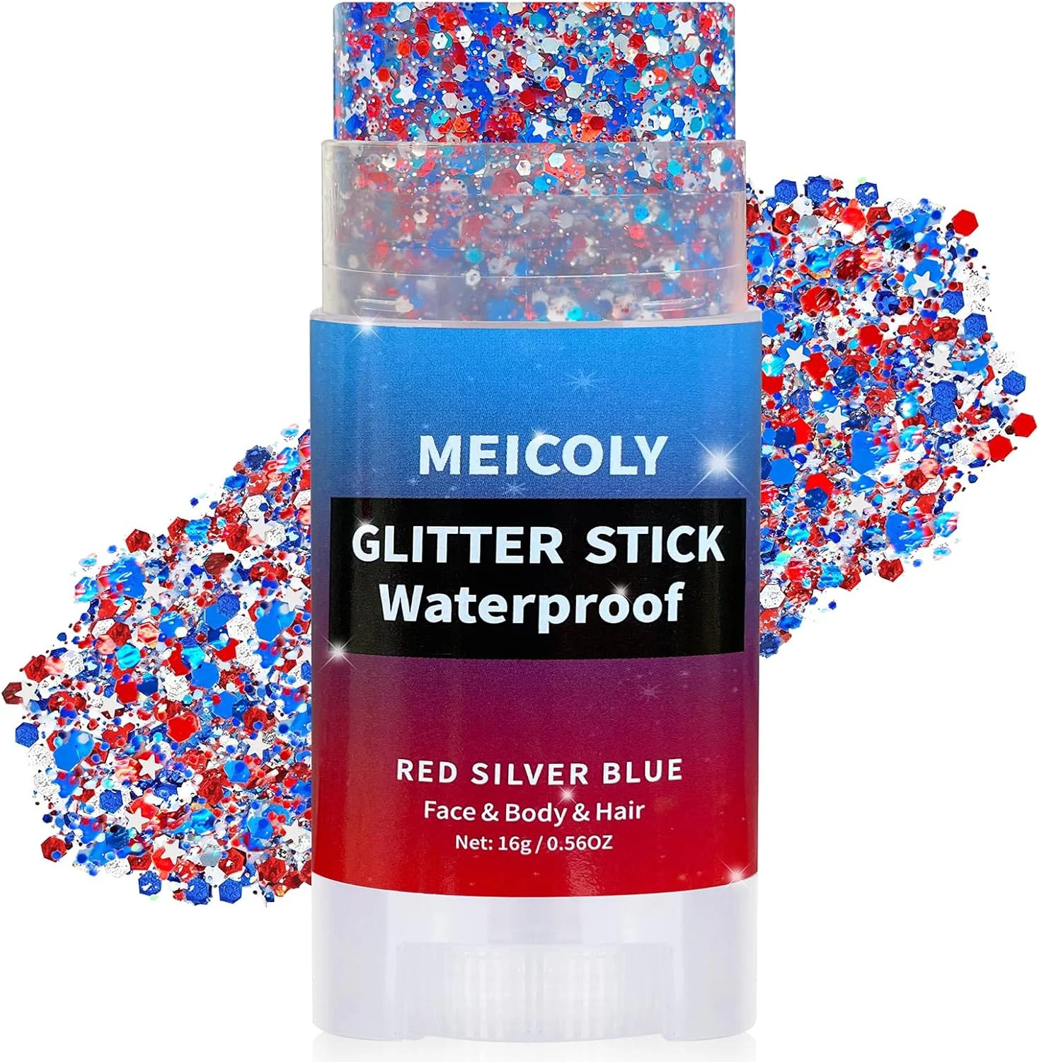 MEICOLY 4th of July Hair Glitter Stick,Red White Blue Face Glitter Stick with St