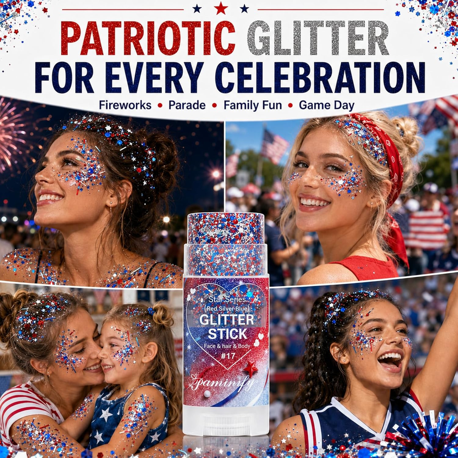 Red White Blue Hair Glitter Stick,4Th of July Patriotic America Stripe Star Face