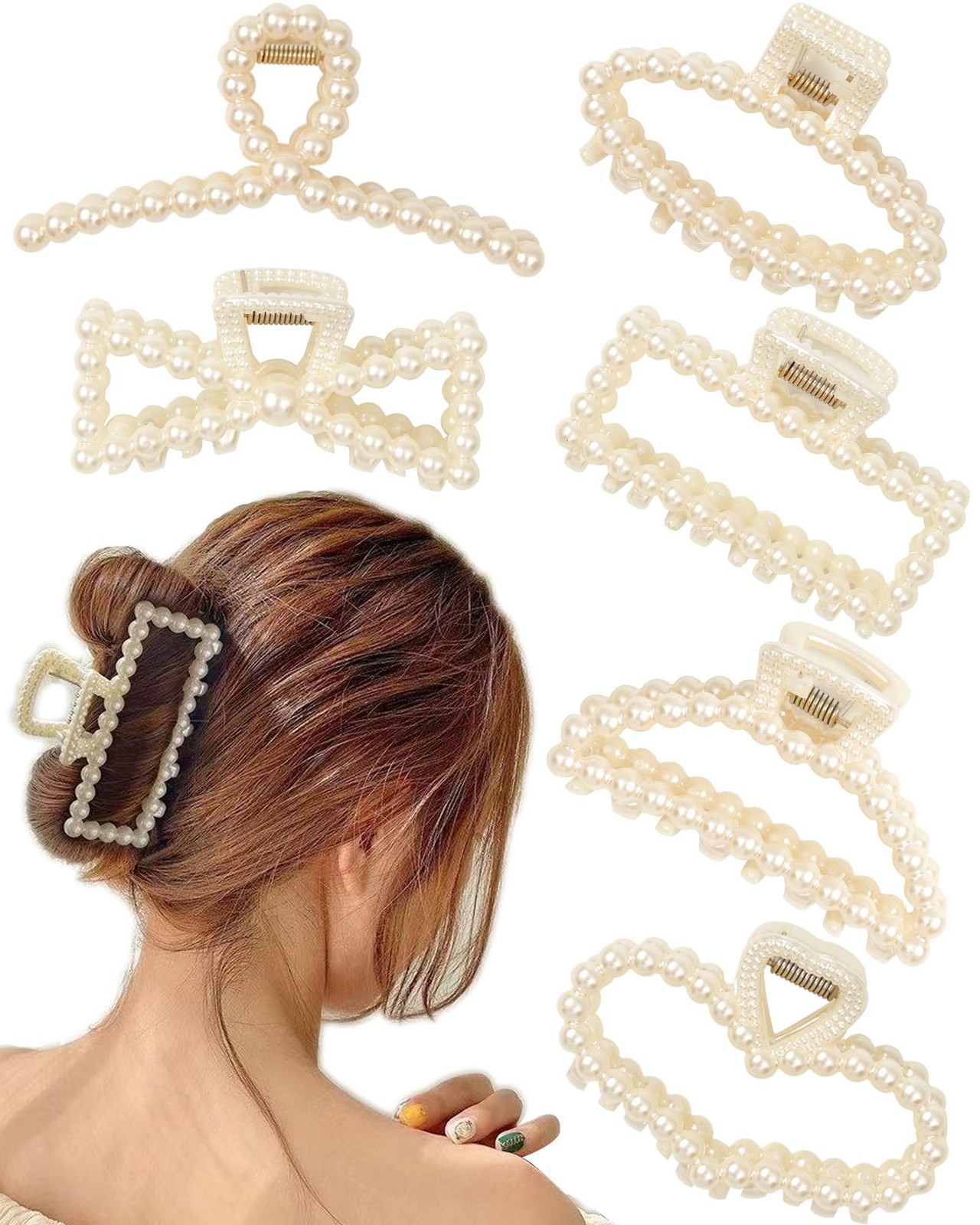 Olldag 6 PACK Large White Pearl Hair Claws, Strong Hold Non-Slip Jaw Barrette…
