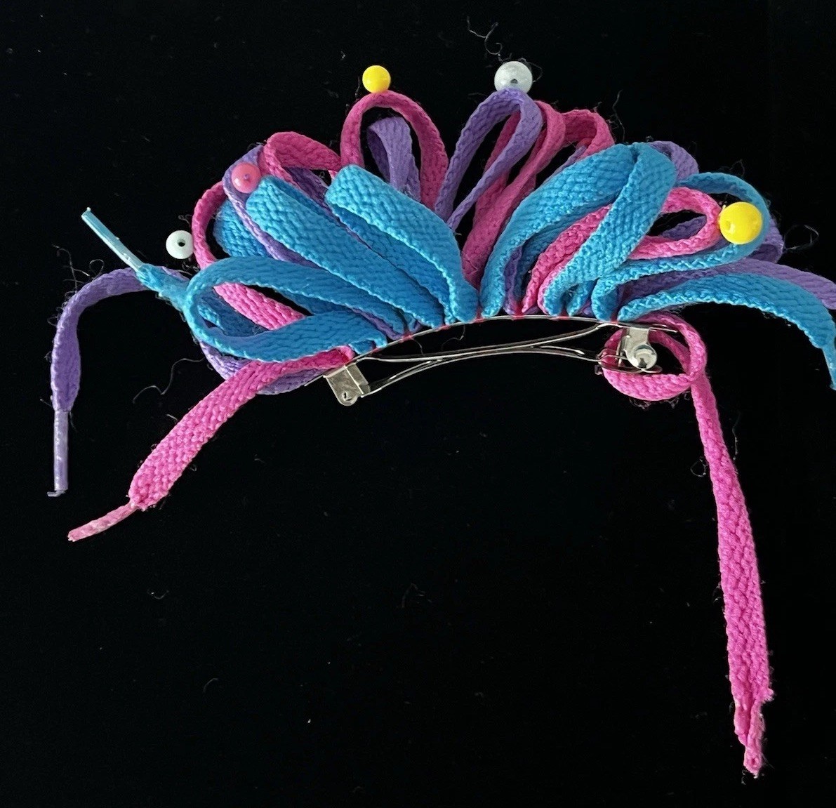 Vintage 1980s Shoelace Hair Bow Barrette Clip Updo Ponytail Pink Blue Purple