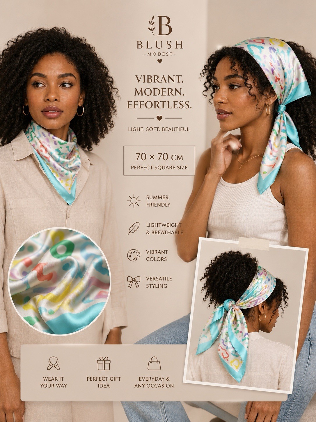 Blush Modest Women’s Silk Headscarf Multicolor Abstract Square 70x70cm