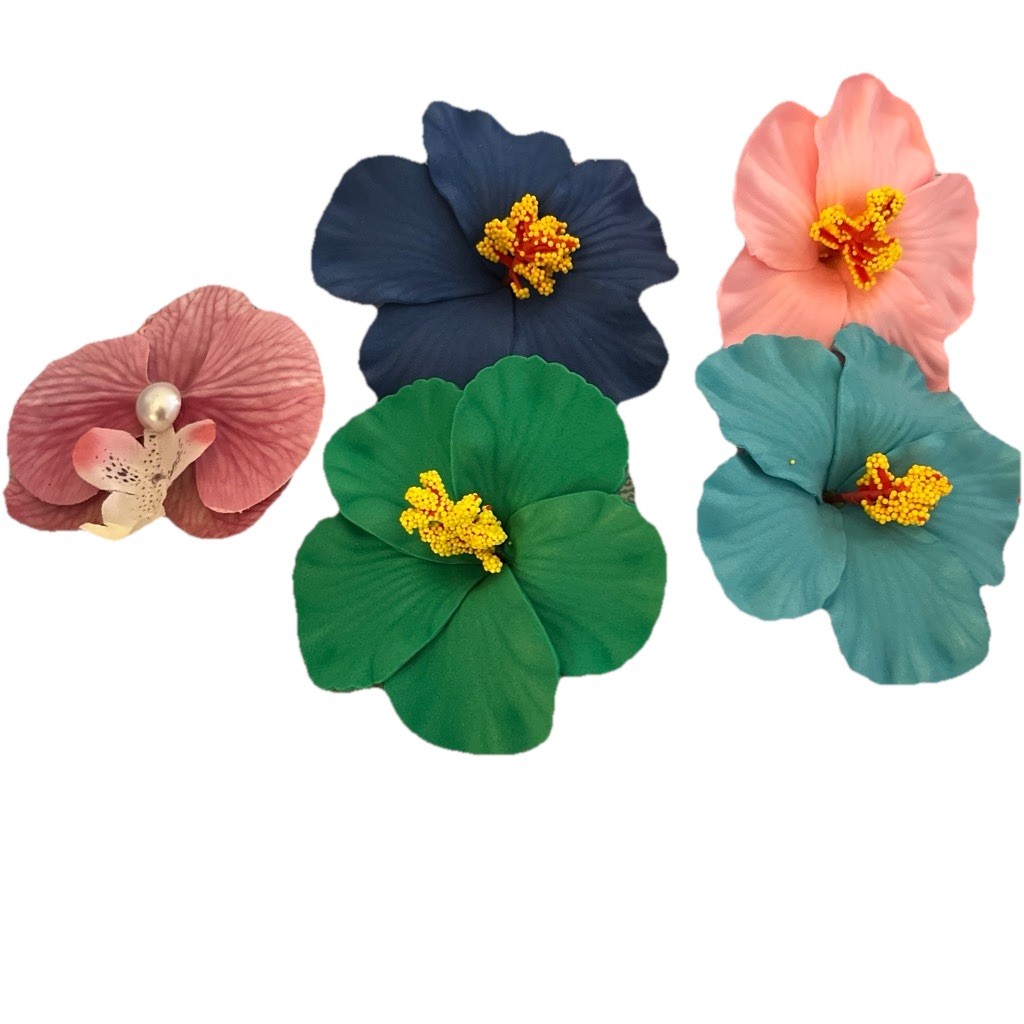 Set of 5 Hibiscus Flower Hair Clips/Barrettes Multicolor Fabric Floral