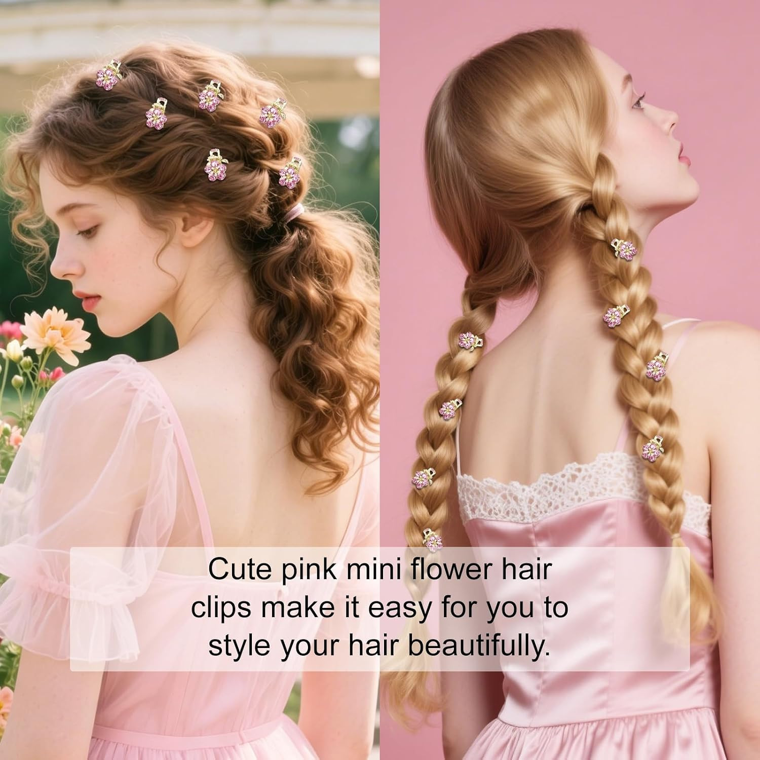 6Pcs Small Pink Flower Hair Clips Wiht Rhinestones, Decorative Metal Claw Clips,