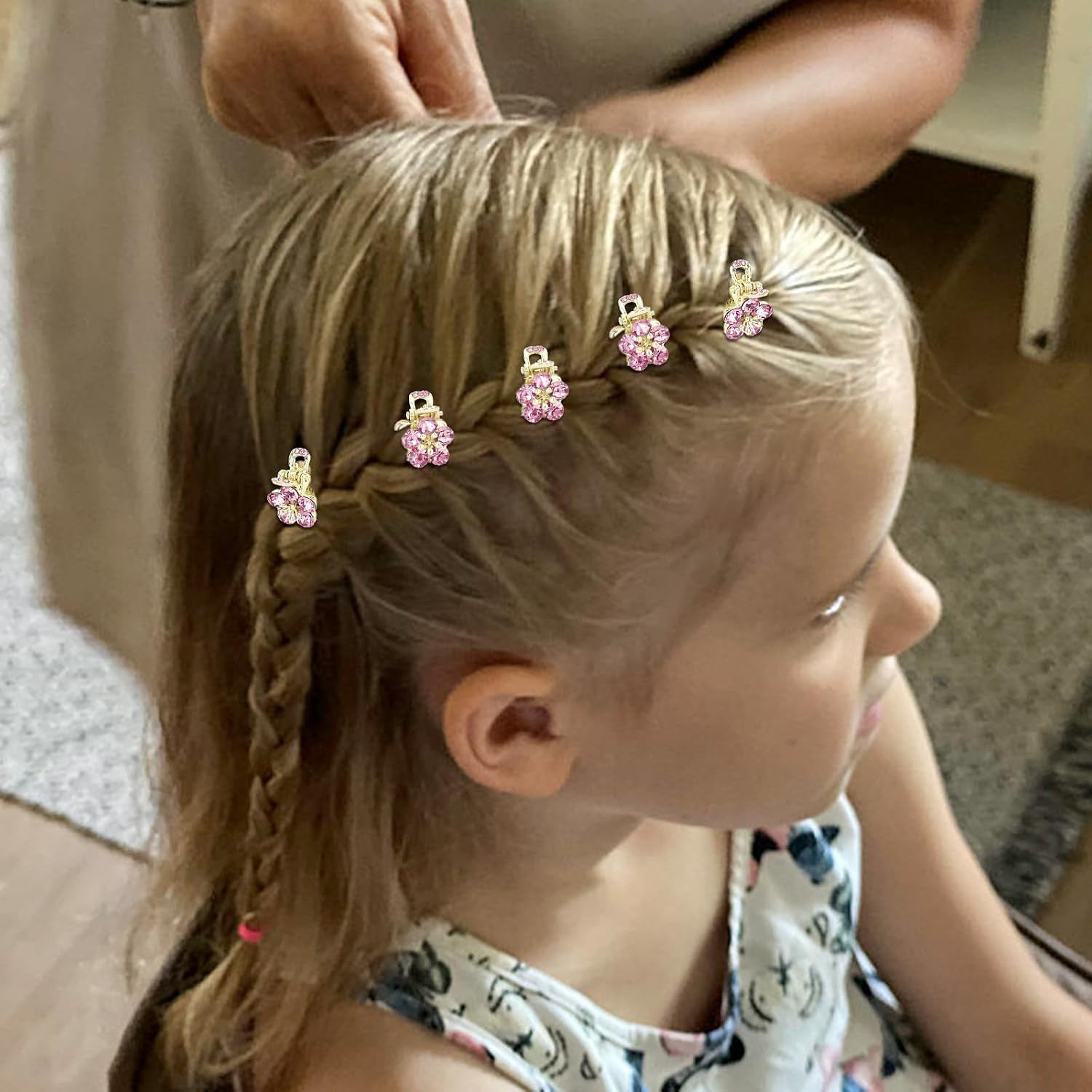 6Pcs Small Pink Flower Hair Clips Wiht Rhinestones, Decorative Metal Claw Clips,