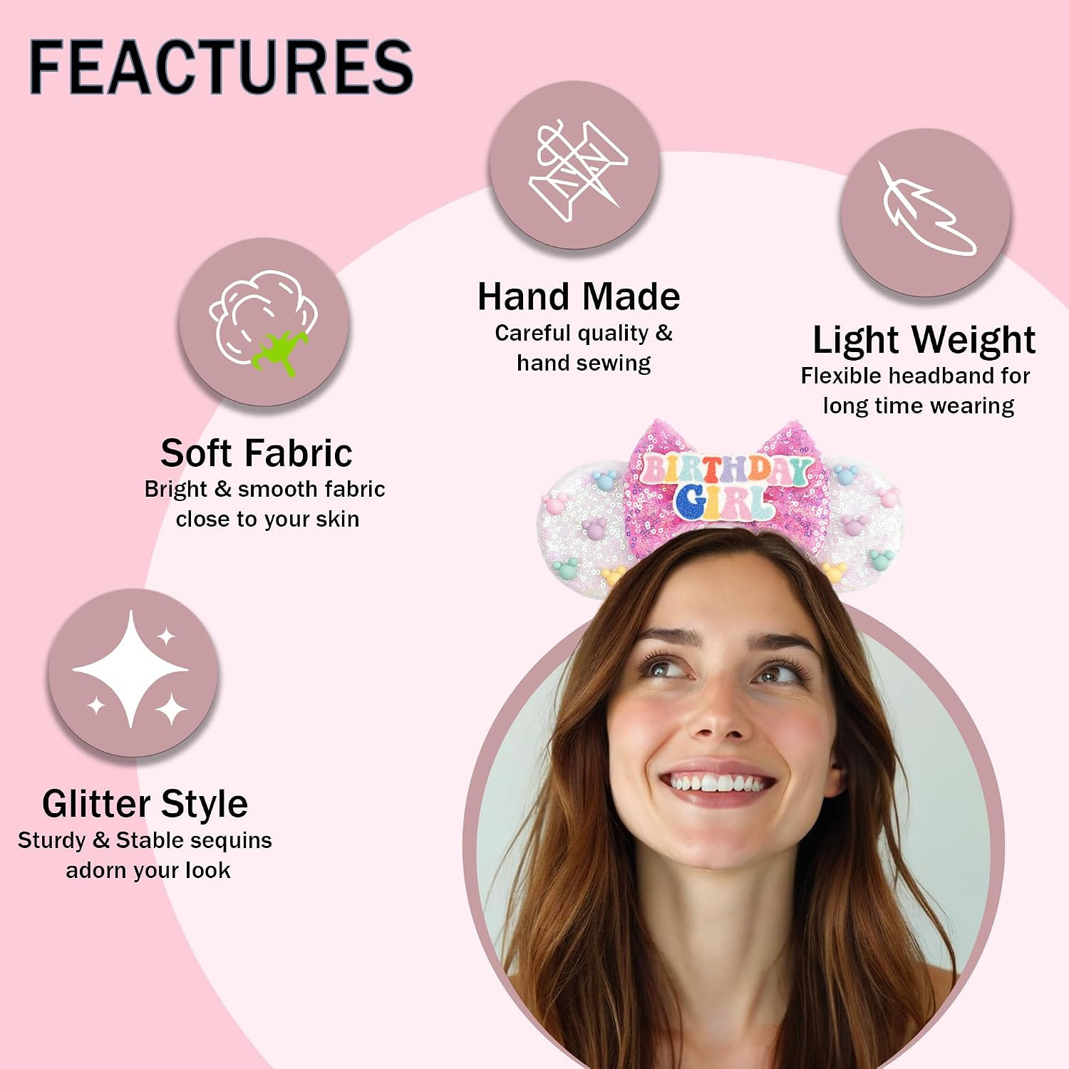 Mouse Ears for Women Birthday Girl Headband Sequin Ears Hair Accessories for Bir