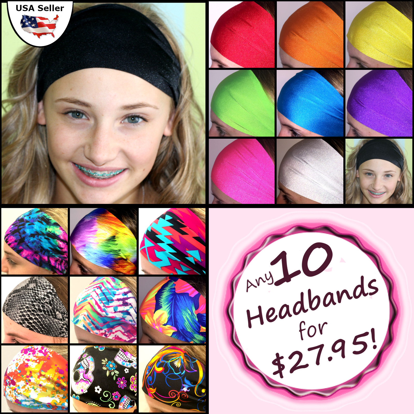 Wide Headbands Set of 10! Yoga Sports Soccer Basketball Softball Lacrosse Dance