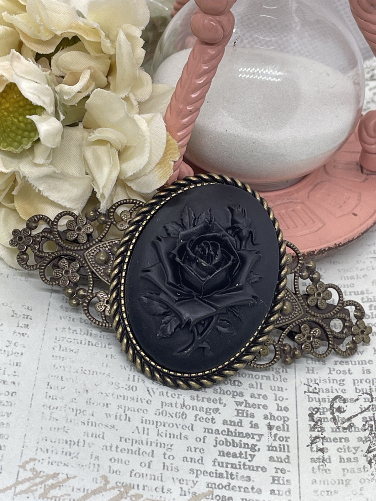 Dark Black Rose Cameo Wedding Gothic Witch Pin Hair Clip Jewelry Gift Comb Goth