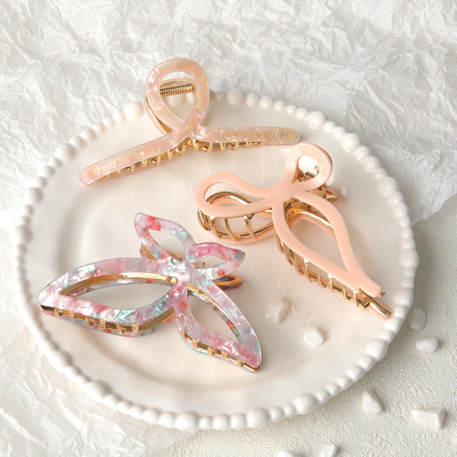 3 PCS Metal Acrylic Hair Bow Claw Clips Strong Hold Non Slip Large Gold Thick
