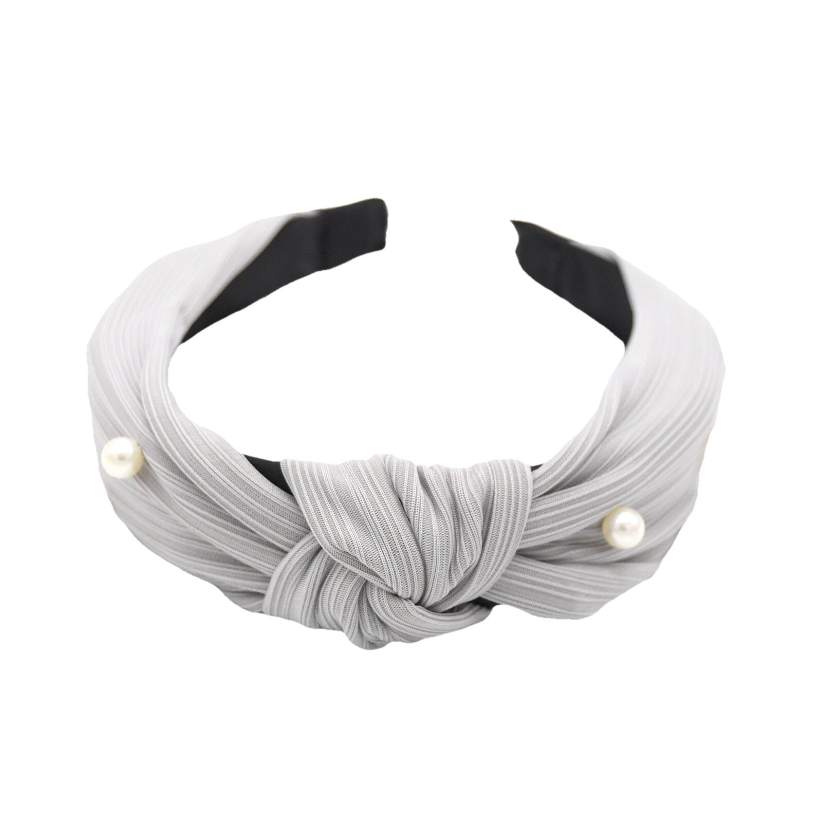 Grey Gathered Fabric Beaded Pearls Knot Headband